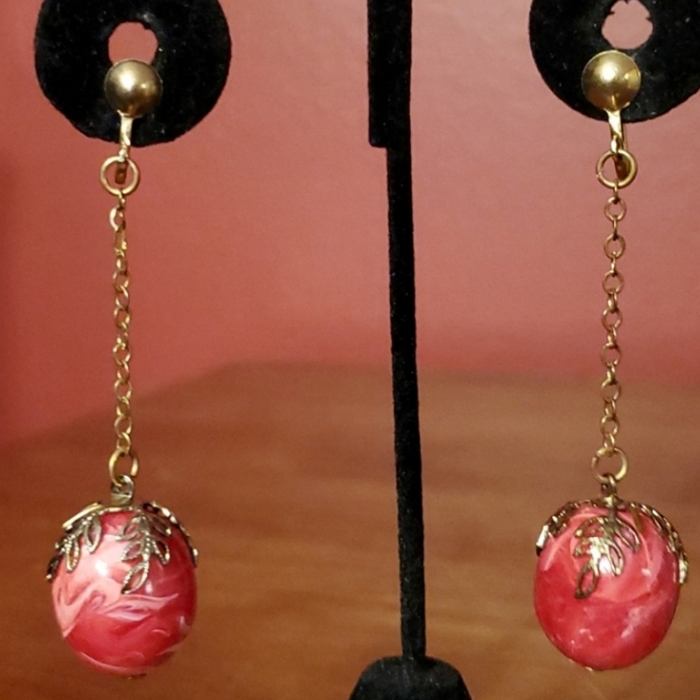 Vintage Drop Earrings marbled bead red and gold leaf accents